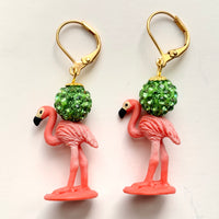 Miniature pink flamingo earrings with green rhinestone pave bead. Cute summer earrings for women.