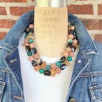 Chunky agate necklace. Two strand statement necklace with polished natural stones in tan, black and green.