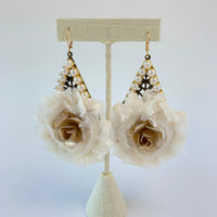 Lenora Dame Shabby Chic Rosette Drop Statement Earrings in Creamy White