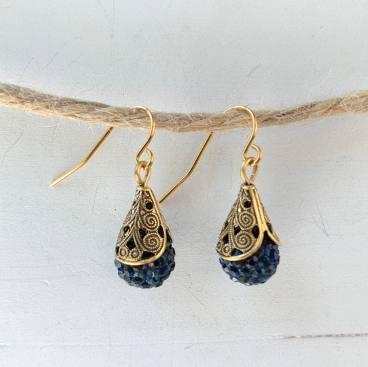 Filigree Bead Cap Rhinestone Earrings - Color Choices