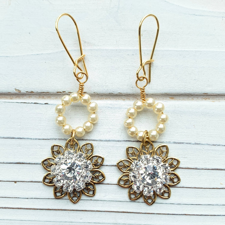 Lenora Dame Pearl and Rhinestone Floral Earrings