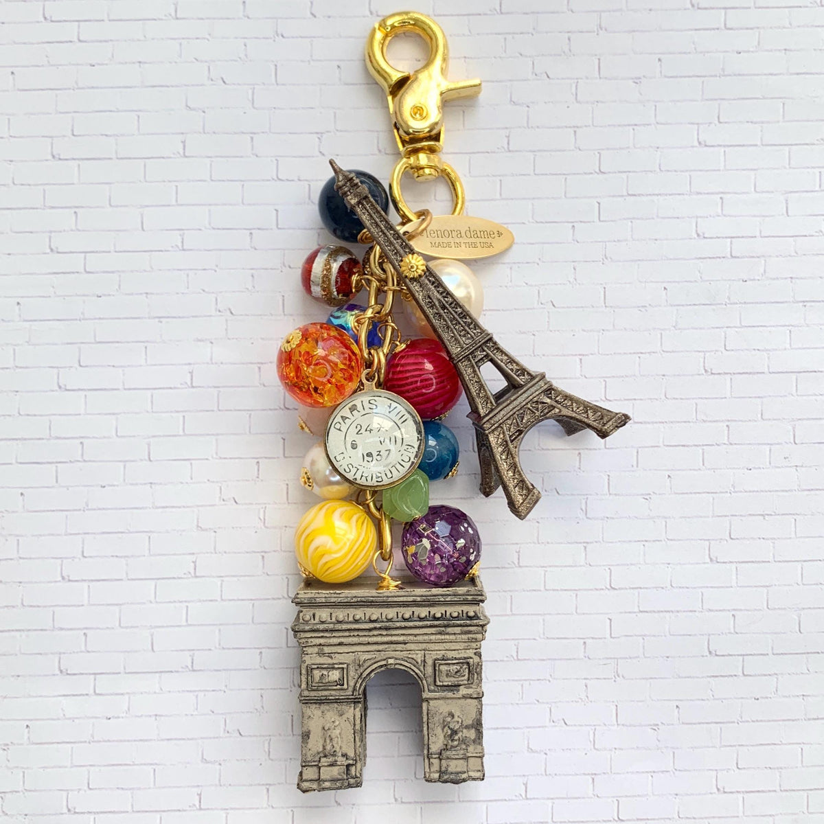 Paris bag charm with colorful beads, Eiffel Tower charm, and Arche de Triomphe charm. Paris keyring for women.