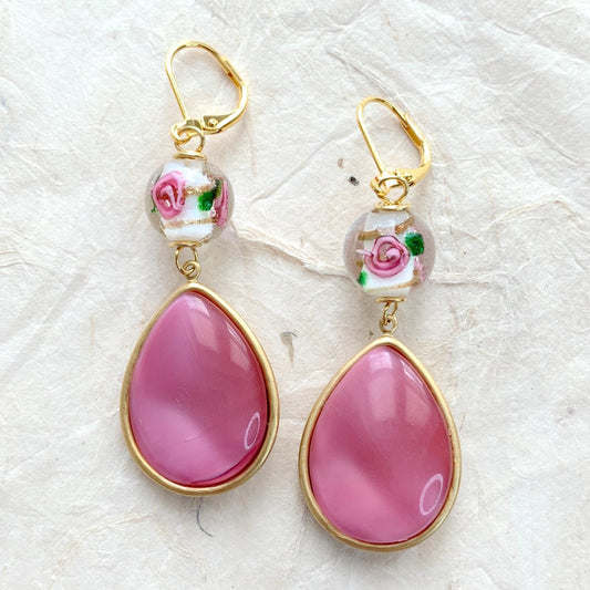 Pink rose earrings. Cute pink dangle earrings for women.