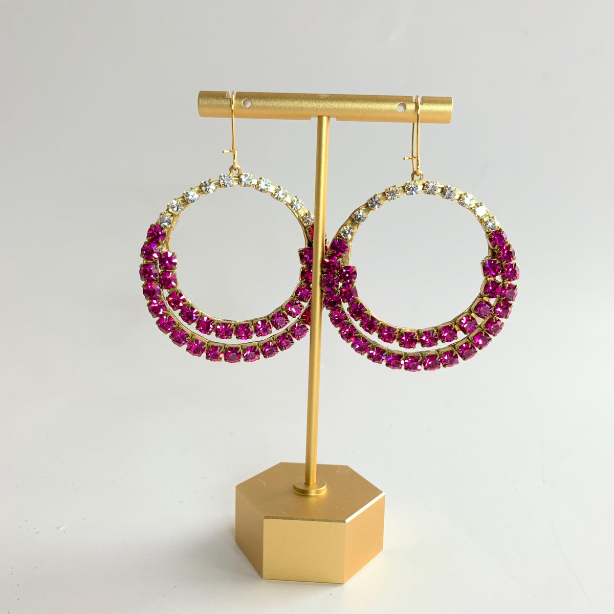 Magenta rhinestone hoop earrings. Gold hoop earrings for women.