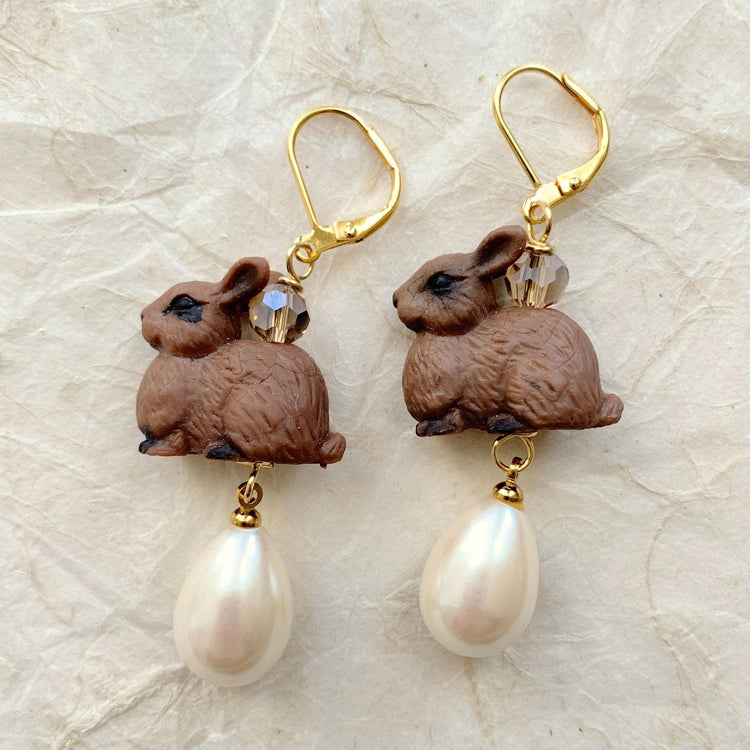 Cute bunny earrings with brown bunnies, faceted beads, and tear drop pearls. Easter basket gift idea. Lenora Dame earrings.