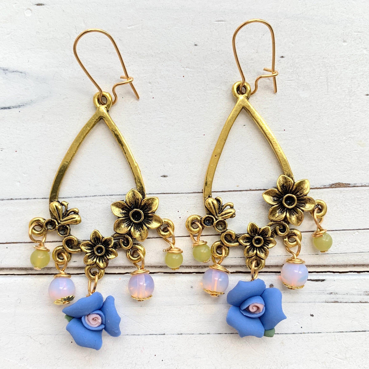 Floral chandelier earrings for spring. Lenora Dame earrings handmade in the USA.
