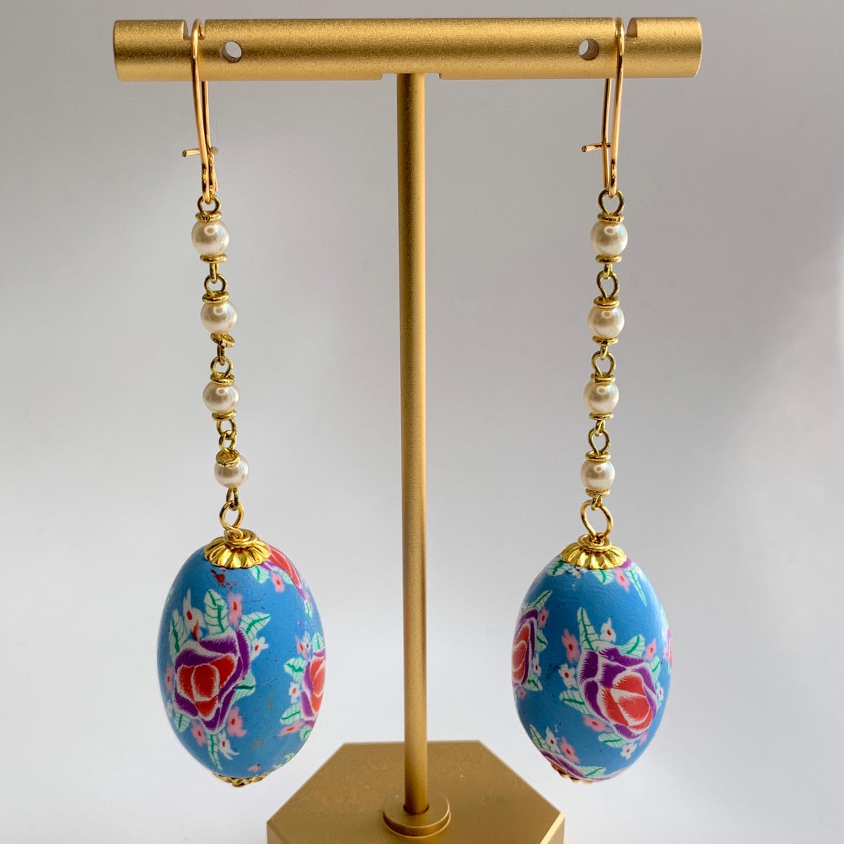 Blue floral dangle earrings. Lenora Dame earrings. Handmade jewelry.