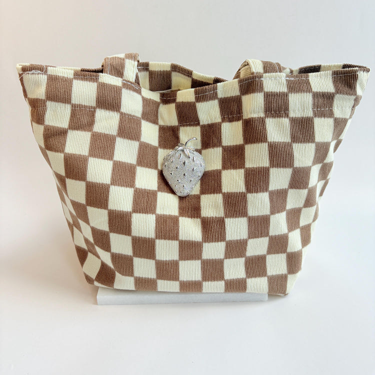 Checkered Mini Tote Bag with Strawberry Detail - One-of-a-Kind