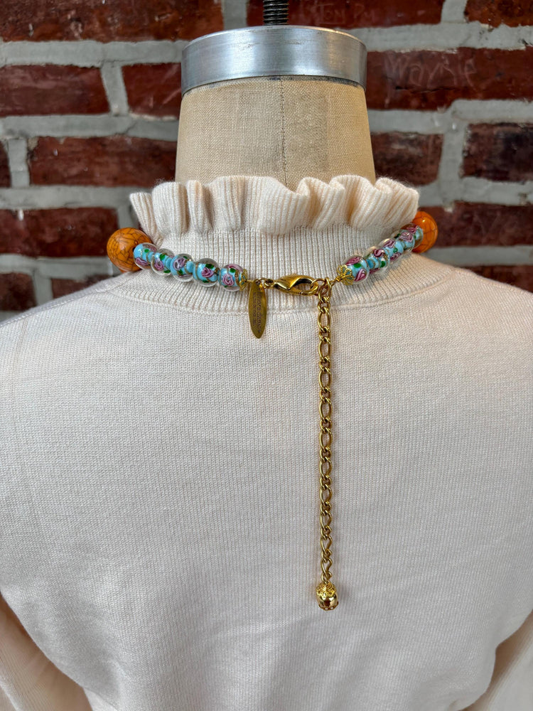 Lenora Dame Oversized Beaded Necklace - Papaya and Soft Cyan