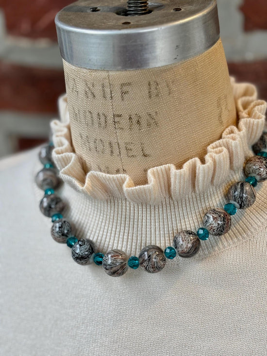 Lenora Dame Oversized Beaded Necklace-Stormy Grey and Aquamarine