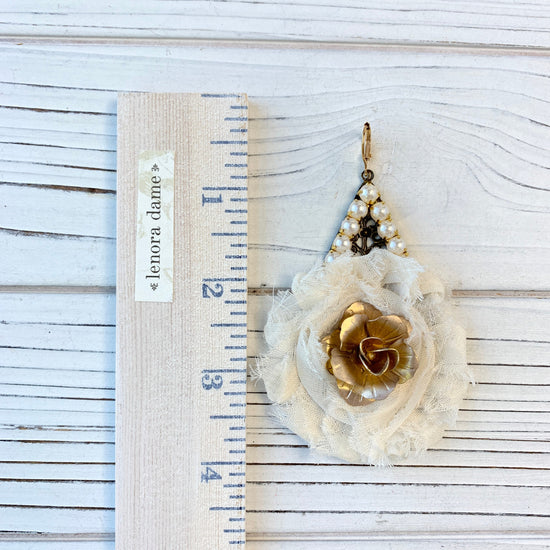 Lenora Dame Shabby Chic Rosette Drop Statement Earrings in Creamy White