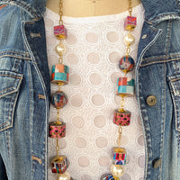 Lenora Dame Decoupage Wooden Bead Statement Necklace